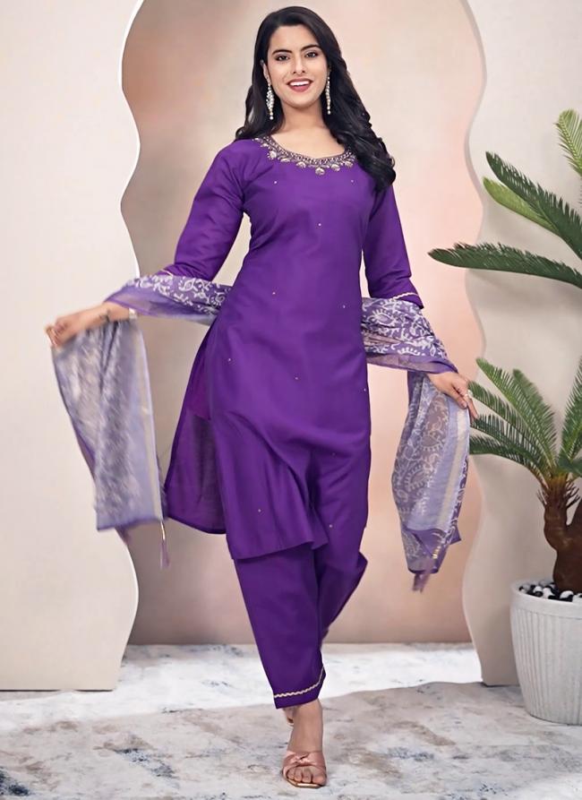 Roman Silk Purple Traditional Wear Hand Work Readymade Straight Suit